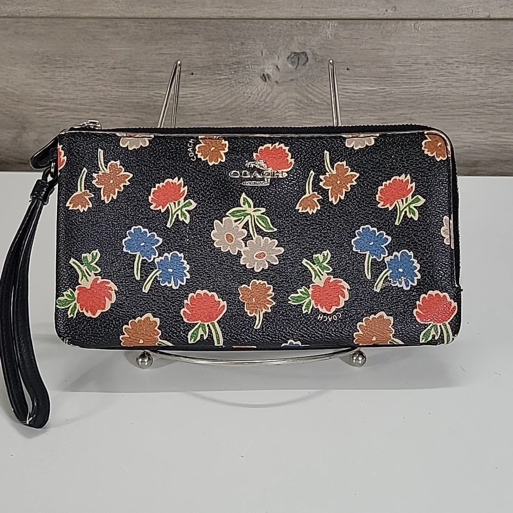 Coach Black Floral Leather Zip Wristlet